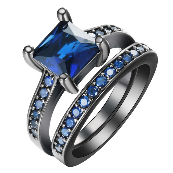 2pcs Women Fashion 925 Sterling Silver Black Gold Plated Blue Sapphire Engagement Wedding Ring size 6 7 8 9 10