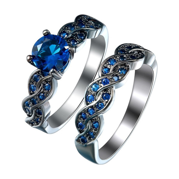 Wholesale 2pcs Women Fashion 925 Sterling Silver Black Gold Plated Blue Sapphire Engagement Wedding Ring size 6 7 8 9 10