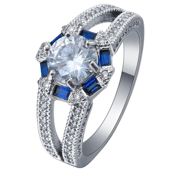 Wholesale White Topaz & Blue Sapphire Women 925 sterling silver Men Engagement Rings Jewelry Size 7.8.9 10