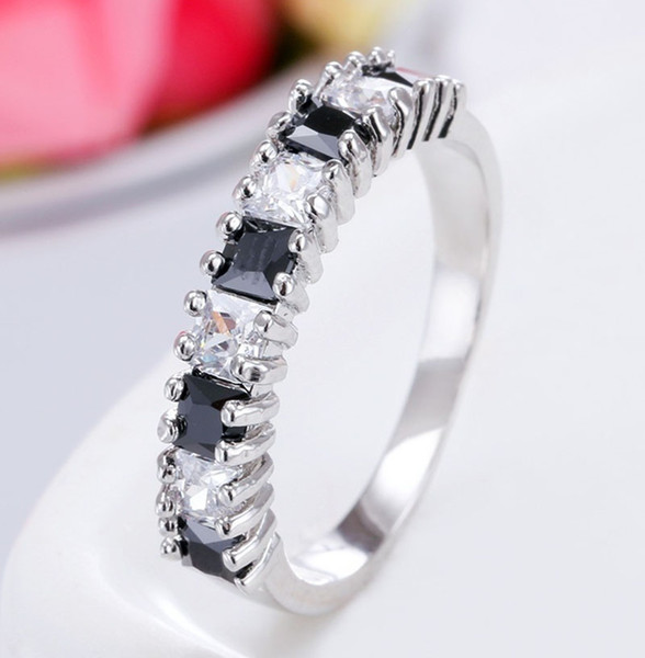 Wholesale Women Fashion 925 Sterling Silver Black Gemstone & White topaz Engagement Wedding Ring size 6 7 8 9 10