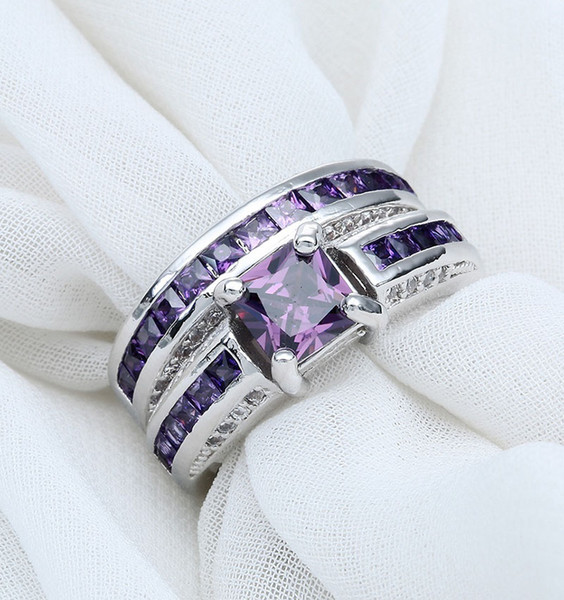 2pcs Women's Fashion 925 Sterling Silver Blue Amethyst Couple Engagement Ring Size 6 7 8 9 10