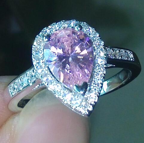 size 5-10 pear cut Engagement luxury Jewellery pink sapphire 925 sterling silver filled Wedding Diamonique simulated Diamond Ring set