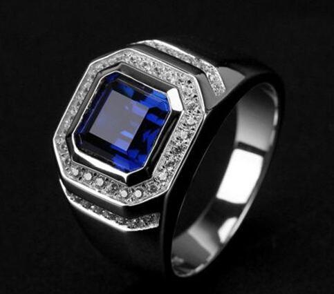 Wholesale - fine Hot sHigh Quliry Solitarie Blue Sapphire 925 Sterling Silver Simulated Diamond Wedding Men Ring