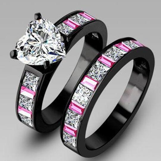 Classic Victoria Wieck Luxury Jewelry Pink sapphire Diamonique cz Diamond 10KT Black Gold Filled 2 Wedding Women Ring Set Size 5-11