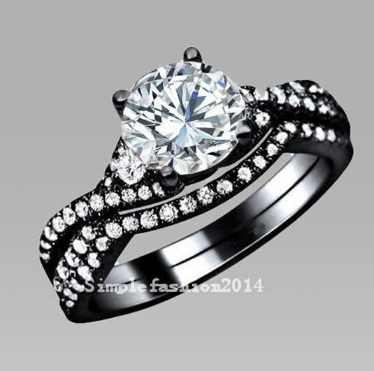 Brand Hot sale Luxury Jewelry Topaz Diamonique Gem 10kt Black Gold Filled 2 women Wedding Ring set Sz 5-11 Gift