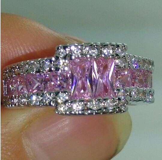 Professional wholesale Free shipping fashion jewelry 10kt white gold filled pink sapphire Gem MEN wedding ring gift