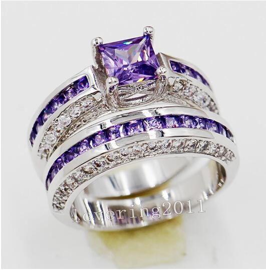 Wholesale - Free shipping size 5/6/7/8/9/10 Luxury Princess cut Jewerly 10ktwhite gold filled Amethyst Gem Simulated Diamond Women Wedding R