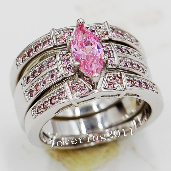 Wholesale - fine Hot sale Marquise Cut Pink Sapphrie Simulated Diamond 14KT White Gold GF 3-in-1 Women Wedding Ring Set with box