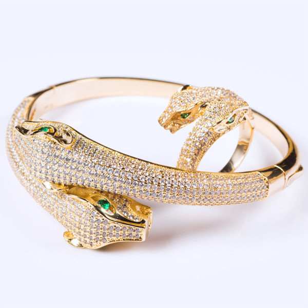 Fashion Exquisite Rings Bangles Sets Quality Full CZ Diamond Double Animals Head Bracelets Rings Couples Luxury Wedding Jewelry Lover Gift