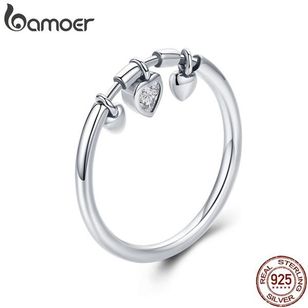 BAMOER 925 Sterling Silver Glittering Heart Clear CZ Anel Female Ring Women Wedding Engagement Jewelry SCR215