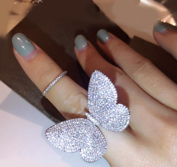 Jewelry Internet celebrity 925 Sterling Silver Pave Full White Sapphire CZ Diamond Butterfly wings Women Ring Gift