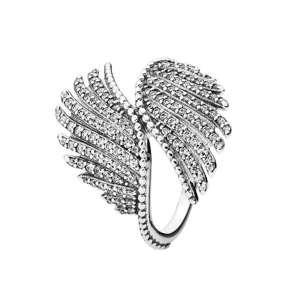 Jewelry Genuine 100% 925 Sterling Silver Majestic Feathers with Clear CZ Ring Original Rings For Women