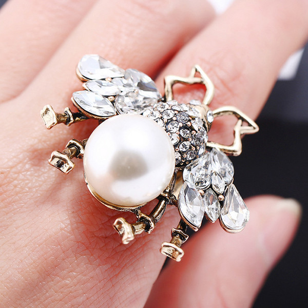 New Women Luxury Brand Bee Wedding Ring Brand Designer Rhinestone Pearl Open Ring for Wedding Gift Jewelry Accessories Free Shipping