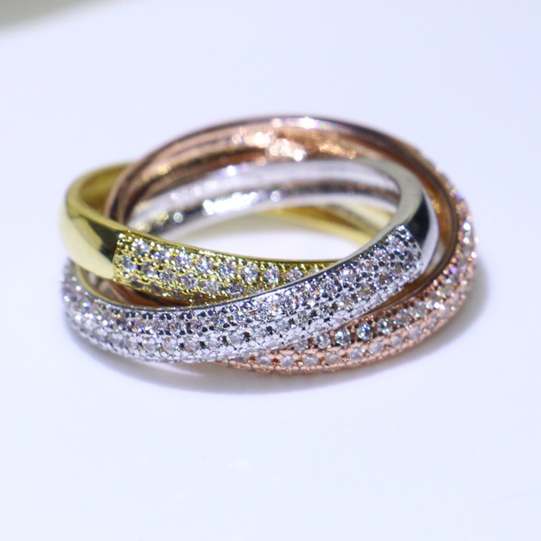 Triple Circles Gold/Rose Gold/Silver Ring Three Colors Luxury Jewelry 925 Silver Pave CZ Ring Women Wedding Finger Rings For Lovers Gift