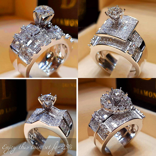 Vecalon Boho Female Diamond Wedding Ring Set Fashion 925 Silver Big Stone Finger Ring Promise Bridal Engagement Rings For Women