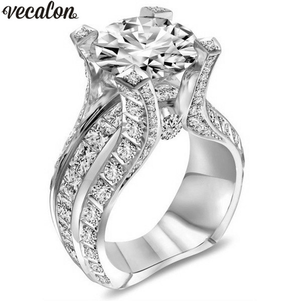 Vecalon Luxury Court Ring White Gold Filled 5A Zircon Cz Engagement Wedding Band rings for women men Finger Jewelry