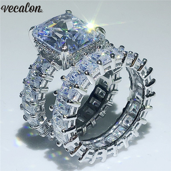 Vecalon Lovers Ring Sets 925 sterling silver Princess cut Diamond Engagement Wedding band rings for women Finger Jewelry