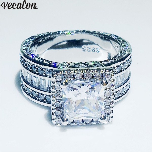 Vecalon Vintage ring 925 Sterling silver Princess cut Diamond Cz Engagement wedding band rings For women men finger Jewelry