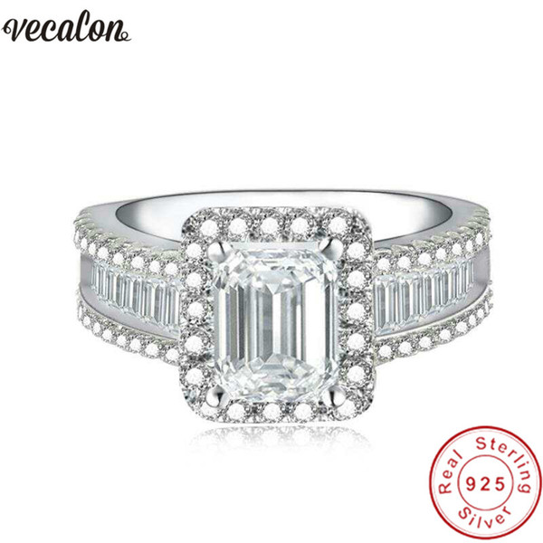 Vecalon Iconic Allure Promise Ring 925 sterling silver Baguette Diamond Engagement Wedding band rings for women Jewelry