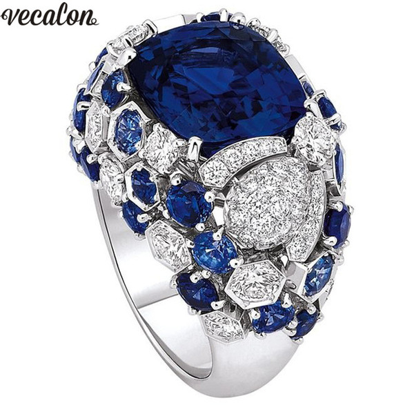 Vecalon Luxury ring 925 Sterling Silver Blue 5A Cz Engagement wedding band rings For women Flower Party Finger Jewelry