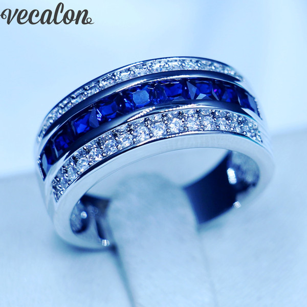 Vecalon Princess cut sapphire Cz Wedding Band Ring for Men 10KT White Gold Filled Male Engagement Band ring