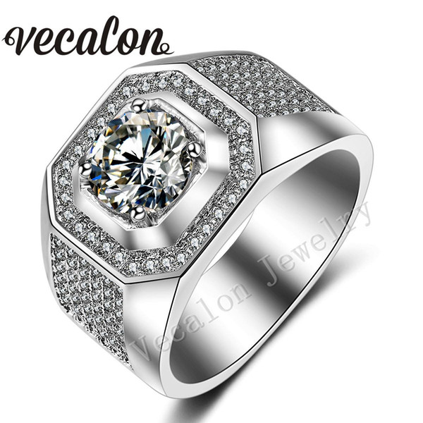 Vecalon Men Engagement Band ring Solitaire 3ct 5A Cz Simulated diamond 10KT White Gold Filled Wedding Ring for Men Sz 7-13