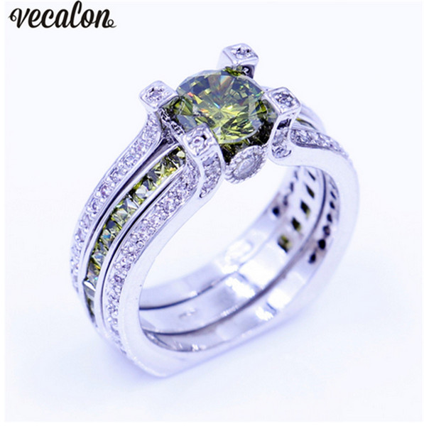 Vecalon New Lady Anniversary ring Olive 5A zircon Cz White gold filled wedding Band ring Set for women men Birthstone Jewelry