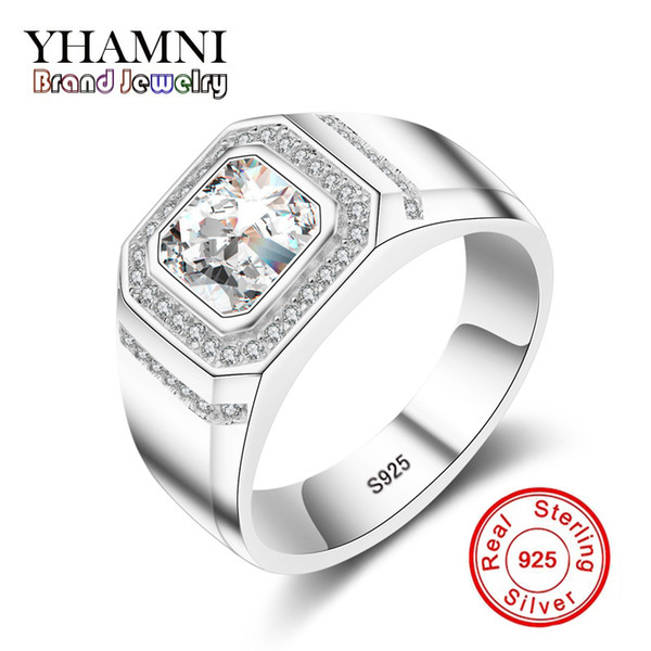 YHAMNI Fashion 925 Sterling Silver Ring 1 Carat 6mm CZ Diamond For Men Wedding Party Gift Fine Jewelry MJZ034