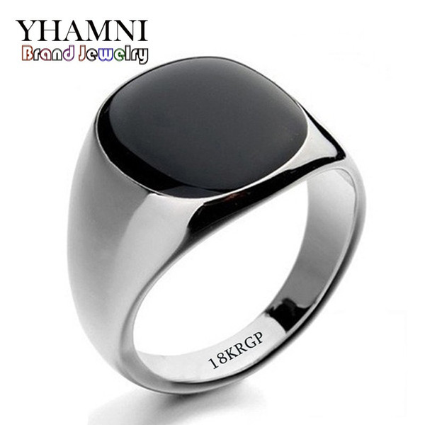 YHAMNI Fashion Black Wedding Rings For Men Brand Luxury Black Onyx Stones Crystal Ring Fashion 18KRGP Rings Men Jewelry R0378