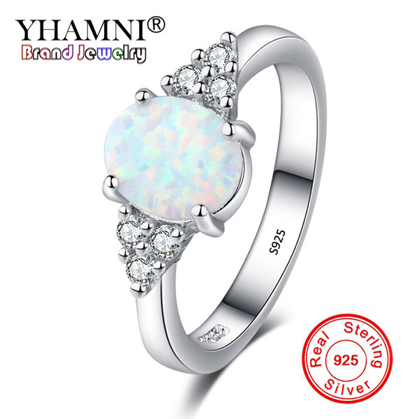 YHAMNI Unique White Fire Opal Stone Ring 925 Silver Luxury AAA Zircon Wedding Jewelry Promise Engagement Rings For Women RA0189