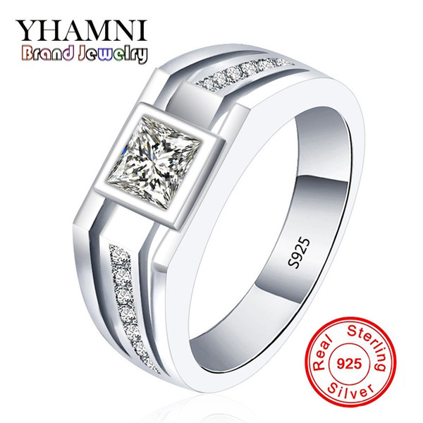 YHAMNI Fashion Real Solid 925 Sterling Silver Rings for Men Wedding Engagement Ring Fashion Zircon CZ Jewelry MJZ001