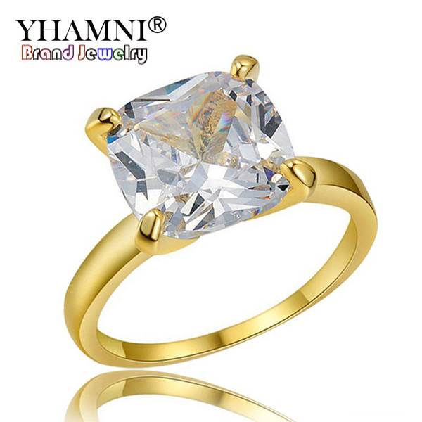 YHAMNI Luxury Big Large 10mm Stone Solitaire Ring Top 5A CZ Zircon Jewelry Real Pure Gold Color Fine Rings For Women Gift 18K011