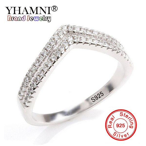 YHAMNI 2018 New Fashion Ring 925 Sterling Silver Cubic Zirconia Jewelry Trendy Double V Shape Rings for Women JZ228