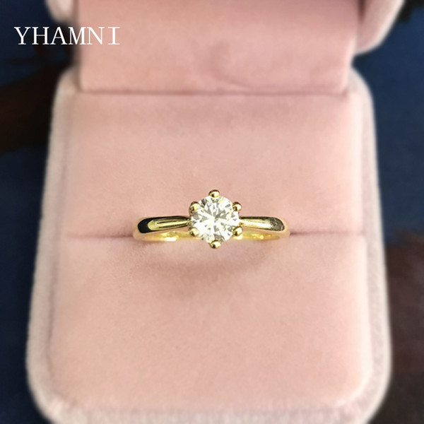 YHAMNI Original 100% 925 Sterling Silver Rings Gold Color Cubic Zirconia Diamant Band Engagement Rings Jewelry For Women JR040