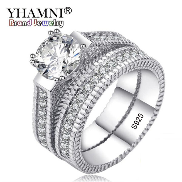 YHAMNI 100% Real 925 Sterling Silver Rings Set Hearts and Arrows 1ct CZ Diamond Wedding Rings for Women Double Engagement Ring MR121