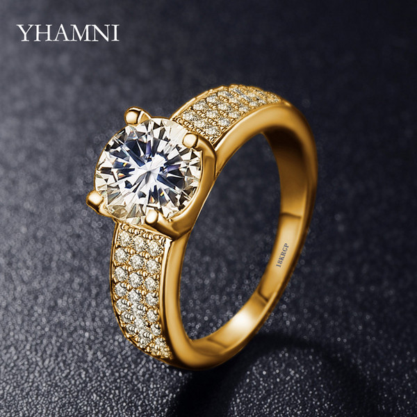 YHAMNI Have 18KRGP Logo Solid Yellow Gold Filled Rings with 2 Carat Round CZ Zircon Engagement Wedding Rings for Women R0010