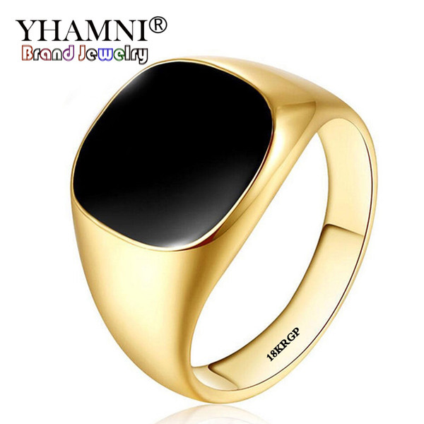 YHAMNI Luxury Original Black Gem Stone Gold Color Fashion Wedding Rings For Men Jewelry Gift Ring Size 7-12 GR0378