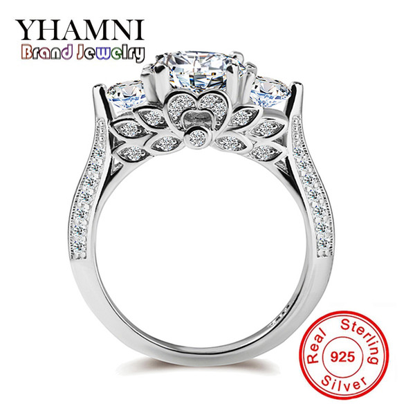 YHAMNI Genuine Pure Silver Wedding Rings For Women Unique Flower Shape Set Sona CZ Diamond Engagement Rings Fine Jewelry R066