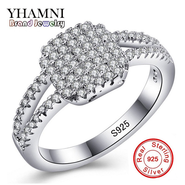 YHAMNI Luxury Full Paved Diamond Engagement Ring Original 925 Sterling Silver Jewelry Wedding Rings for Women R335