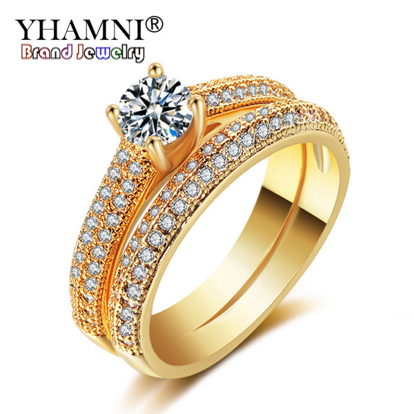 YHAMNI Original Gold Filled White Crystal Zircon Ring 2Pcs Ring/Set Fashion Wedding Engagement Ring Jewelry YRK054