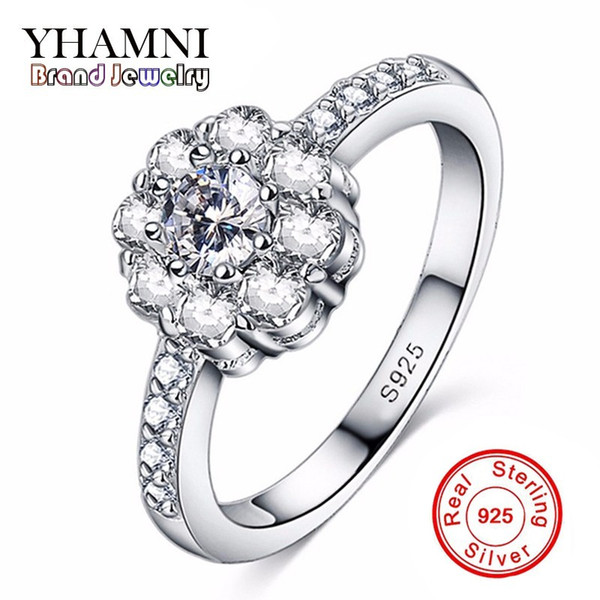 YHAMNI Hot Sale Luxury Solid Silver SONA Diamond Engagement Rings Jewelry 925 Sterling Silver Wedding Flower Rings For Women MR047