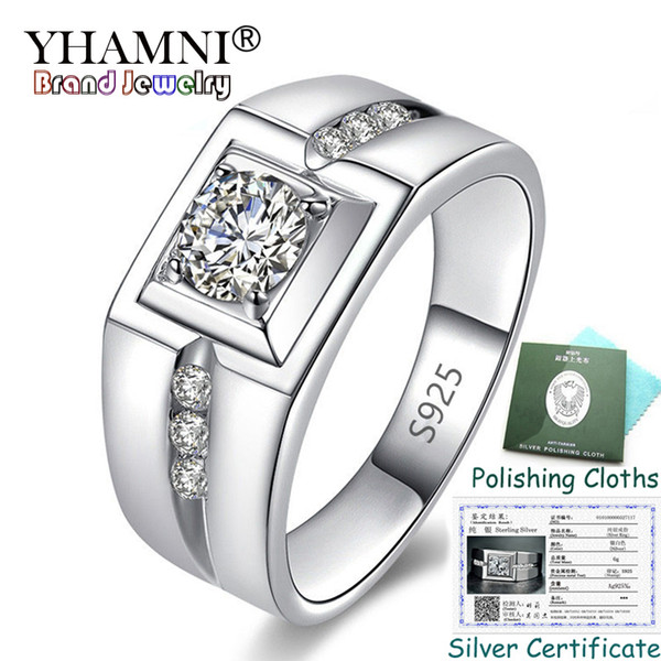 YHAMNI Sent Certificate! Real 925 Sterling Silver Wedding Rings Charm Men Jewelry Inlay CZ Zircon Engagement Rings for Men KPRJ29