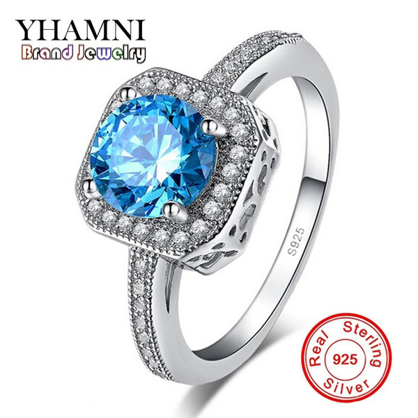 YHAMN Original Real 925 Sterling Silver Ring Women Jewelry Luxury 1 ct Blue Diamond Wedding Rings for Women MR154