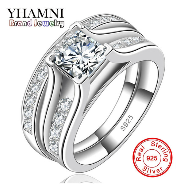 YHAMNI Fine Jewelry Women Engagement Ring Have S925 Logo Real Silver Ring Set Luxury 1 ct Diamond Wedding Rings Wholesale MR148