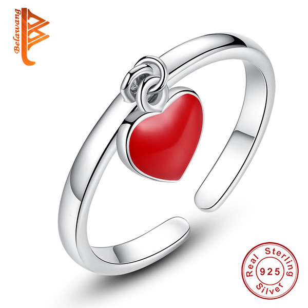 BELAWANG 100% 925 Sterling Silver Red Enamel Heart Pendant Open Rings For Women Engagement Wedding Jewelry Valentine's Day Gift