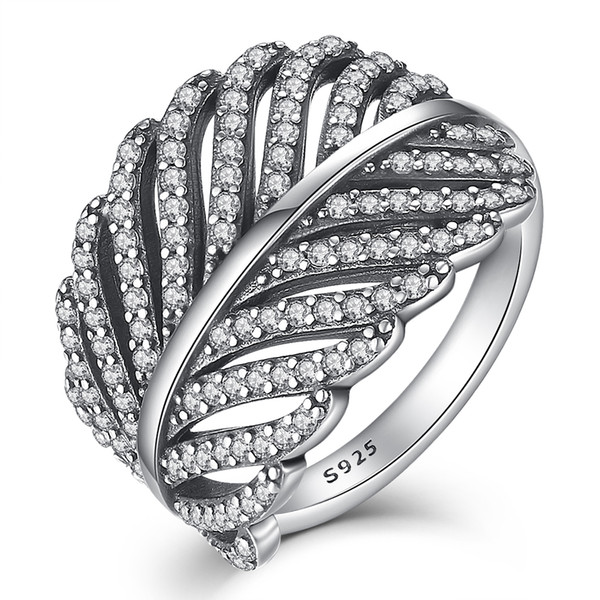 BELAWANG 925 Sterling Silver Feather Ring Engagement Leaf Rings for Women Compatible with Cubic Zirconia Love Ring Jewelry Wholesale #678