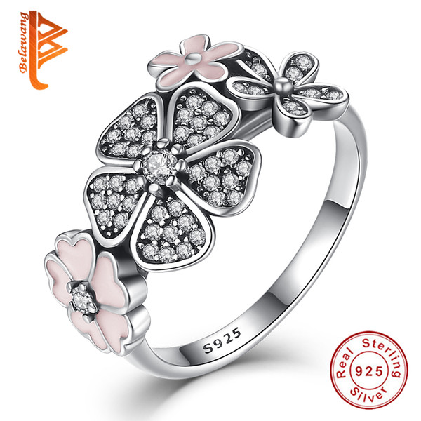 BELAWANG Wholesale#678 Real 100% 925 Sterling Silver Enamel Daisy Statement Ring Crystal Flower Rings For Women Engagement Wedding Jewelry