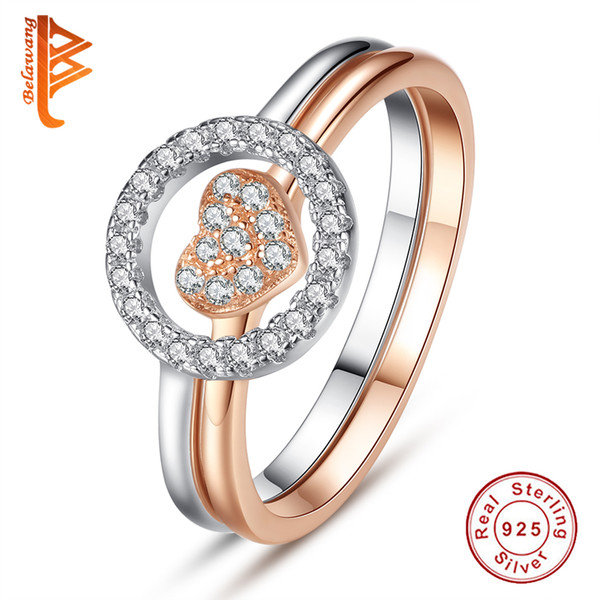 BELAWANG 925 Sterling Silver & Rose Gold Color with Pave Clear Cubic Zirconia Round and Heart Shape Wedding Rings Set for Women Jewelry