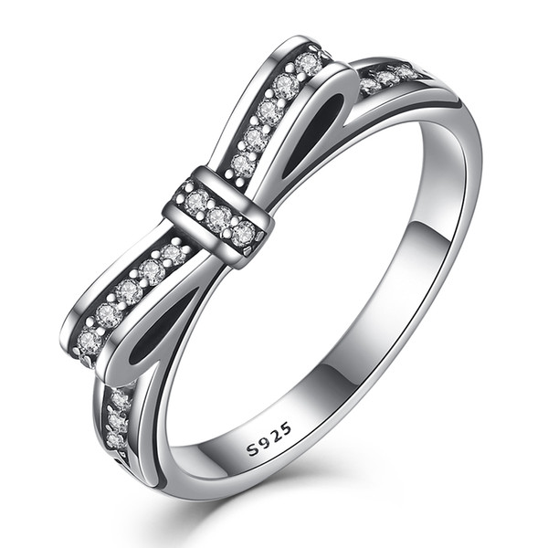 BELAWANG Authentic 925 Sterling Silver Sparkling Bow Knot Stackable Ring Micro Pave CZ for Women Wedding Jewelry