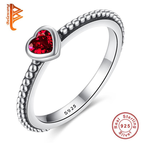 BELAWANG Valentine's Day Gift Genuine 100% 925 Sterling Silver Finger Ring for Women Sparkling Red CZ Love Heart Rings Wedding Jewelry